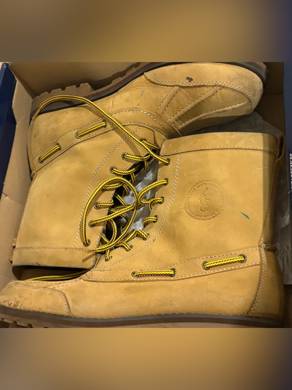 Polo by Ralph Lauren Wheat Nubuck Lace-Up Work Boots with Yellow Laces